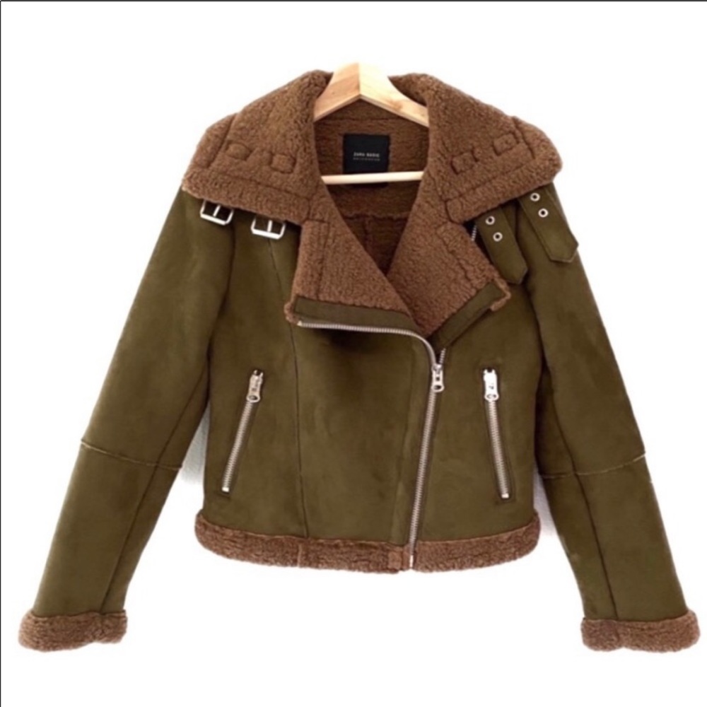 Zara Faux Shearling/Suede Olive Green Aviator Moto Jacket